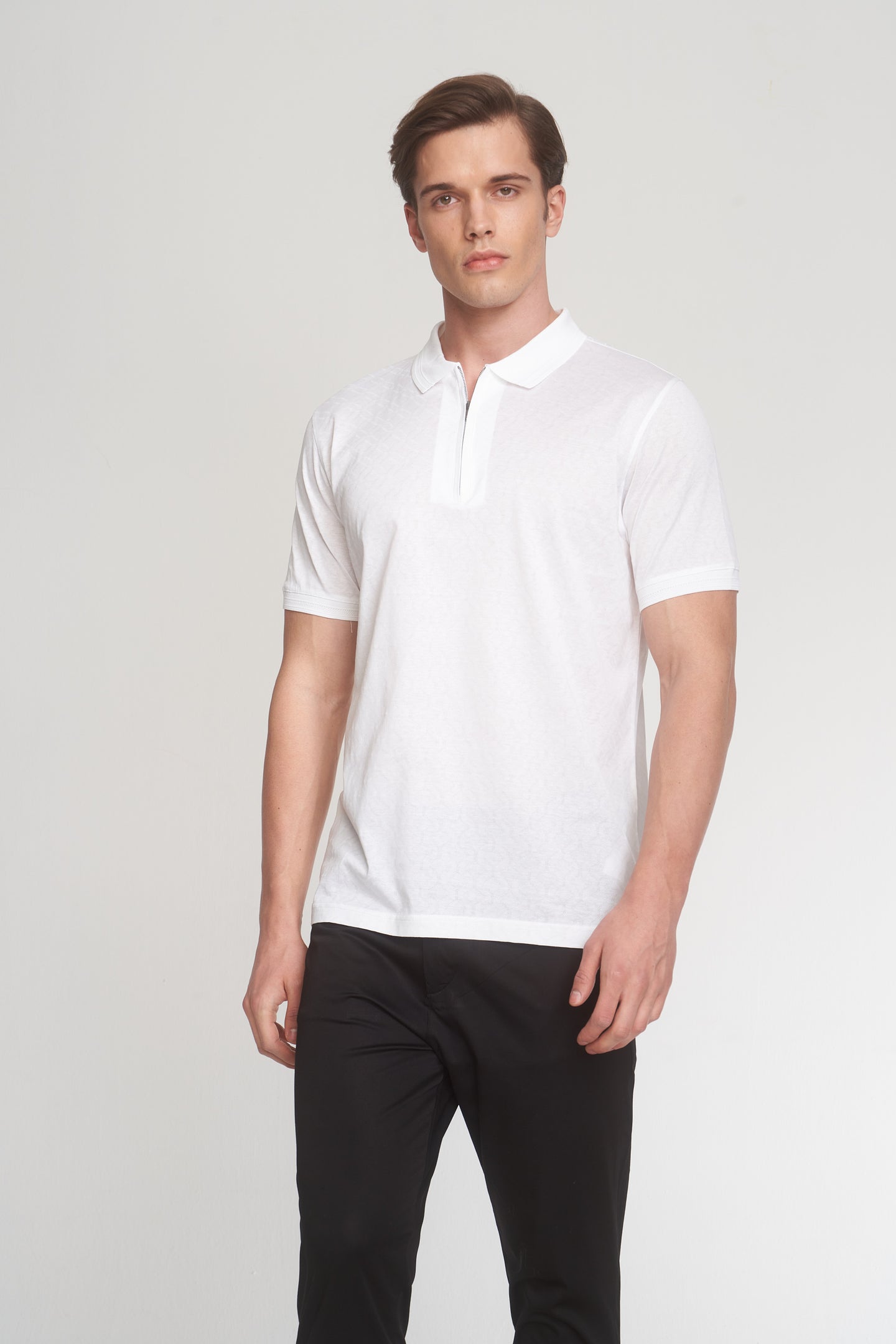 White Mercerized Cotton Patterned Polo T-Shirt